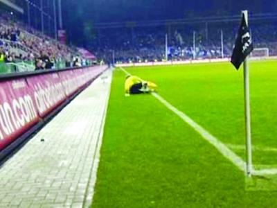 德甲联赛啤酒杯砸倒边裁 主裁判提前鸣金(组图