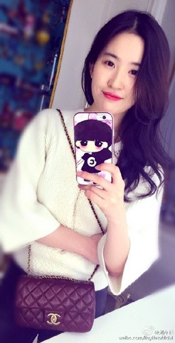 刘亦菲举新手机玩自拍长发披肩面带微笑(图)