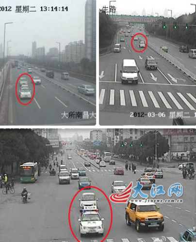 南昌交警警车开道(红圈处)为车祸男子送断臂(本图来自交警部门的监控截图) 南昌交警警车开道(红圈处)为车祸男子送断臂(本图来自交警部门的监控截图)