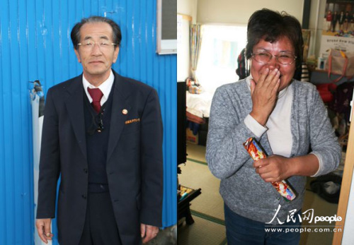 出租车司机及川先生(左)站在地震当天全家人得救的小屋前;震后1年,及川先生的妻子(右)现在最大的希望是快些找到合适的工作。震前她在一家海产品加工场工作。 出租车司机及川先生(左)站在地震当天全家人得救的小屋前;震后1年,及川先生的妻子(右)现在最大的希望是快些找到合适的工作。震前她在一家海产品加工场工作。