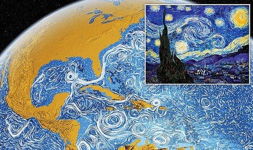 美国宇航局绘制的地球表层洋流图酷似荷兰画家梵高的名画《星空》,堪称大自然的艺术杰作。 美国宇航局绘制的地球表层洋流图酷似荷兰画家梵高的名画《星空》,堪称大自然的艺术杰作。