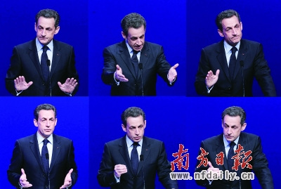 22日,萨科齐在巴黎举行首轮投票后的集会上发言(拼版照片)。新华社发 22日,萨科齐在巴黎举行首轮投票后的集会上发言(拼版照片)。新华社发