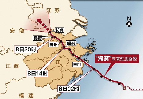 省气象台昨晚9点半预测:“海葵”登陆后,会向西北方穿越宁波、绍兴、杭州、湖州,直至进入安徽或江苏境内。 省气象台昨晚9点半预测:“海葵”登陆后,会向西北方穿越宁波、绍兴、杭州、湖州,直至进入安徽或江苏境内。