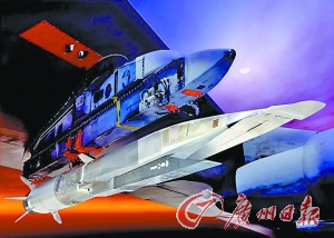X-51A“破浪者”将由一架B-52型轰炸机运载至大约1.5万米高空(示意图)。 X-51A“破浪者”将由一架B-52型轰炸机运载至大约1.5万米高空(示意图)。
