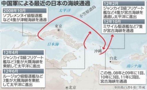 资料图:日本防卫省基于《防卫白皮书》绘制的中国海军舰艇编队近年来进行远洋训练的路线示意图。 资料图:日本防卫省基于《防卫白皮书》绘制的中国海军舰艇编队近年来进行远洋训练的路线示意图。