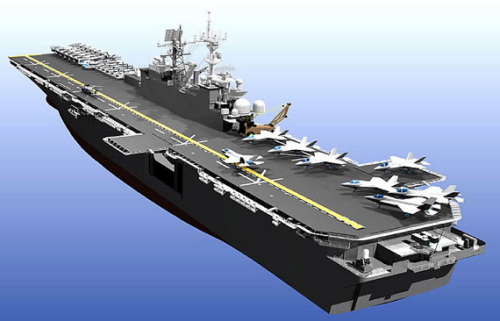 　　美国最新一代两栖攻击舰美国级效果图。该级舰将能搭载F-35B联合攻击机。