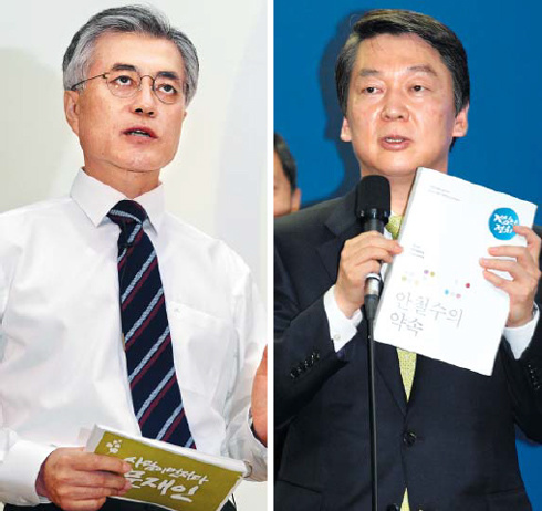 韩国民主统合党总统候选人文在寅(左)和无党派候选人安哲秀(右) 韩国民主统合党总统候选人文在寅(左)和无党派候选人安哲秀(右)