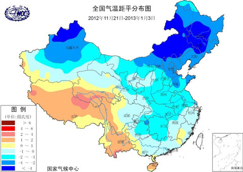 图2 2012年11月21日至2013年1月3日平均气温距平(℃)分布图 图2 2012年11月21日至2013年1月3日平均气温距平(℃)分布图