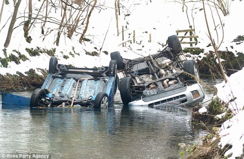 两辆汽车都因道路湿滑坠入河中。 两辆汽车都因道路湿滑坠入河中。