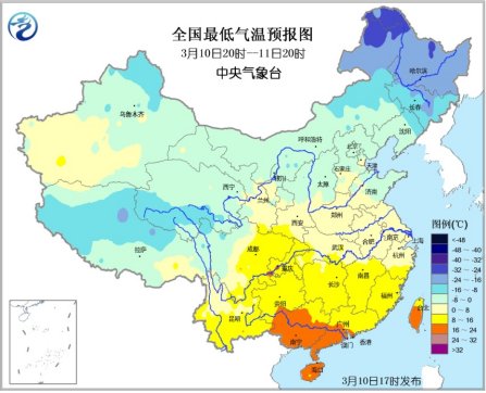 24小时全国最低气温预报图 24小时全国最低气温预报图