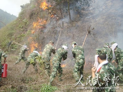 奋力扑救。图片来源:人民武警报 奋力扑救。图片来源:人民武警报