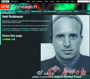 英国广播公司网站上有关于尼尔·罗宾森的通缉令。 英国广播公司网站上有关于尼尔·罗宾森的通缉令。