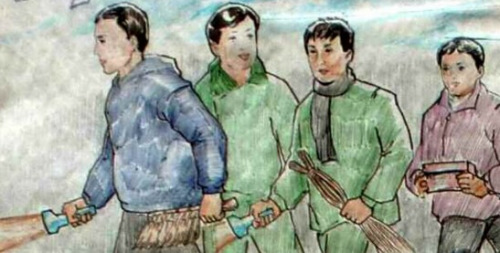 圆珠笔画《清晨四点半》描绘了文化突击队员们清晨前往金日成的太阳像进行打扫的景象,生动地表现出了突击队员们高尚的奋斗精神 圆珠笔画《清晨四点半》描绘了文化突击队员们清晨前往金日成的太阳像进行打扫的景象,生动地表现出了突击队员们高尚的奋斗精神