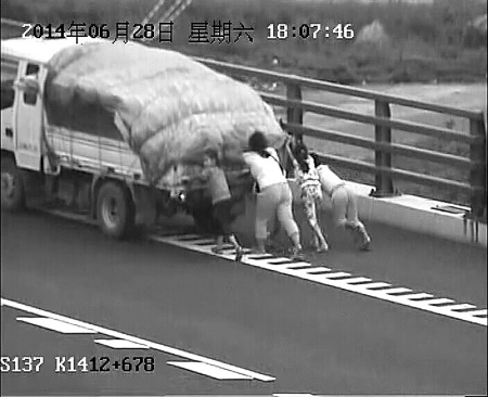 推车画面被路面监控视频拍下。(高速交警提供) 推车画面被路面监控视频拍下。(高速交警提供)