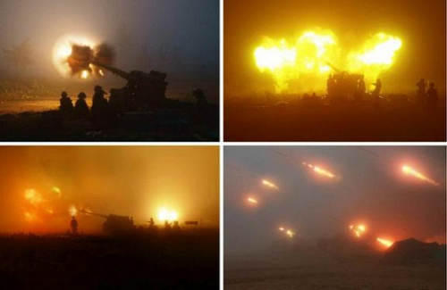 朝鲜举行“夜间海上火力打击演习”。(朝鲜《劳动新闻》) 朝鲜举行“夜间海上火力打击演习”。(朝鲜《劳动新闻》)