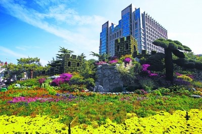 东单路口东北角——壮丽山河花坛。 何建勇摄 东单路口东北角——壮丽山河花坛。 何建勇摄