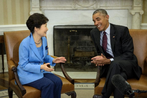 韩国总统朴槿惠访美,在白宫会晤美国总统奥巴马。 韩国总统朴槿惠访美,在白宫会晤美国总统奥巴马。