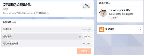 Love-wings女子组合在自己微博上发布的投票。图片来源:love-wings女子组合微博 Love-wings女子组合在自己微博上发布的投票。图片来源:love-wings女子组合微博