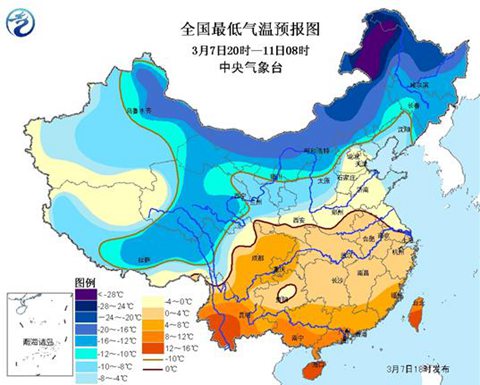 2016年3月7日20时至11日08时过程最低气温预报图 2016年3月7日20时至11日08时过程最低气温预报图