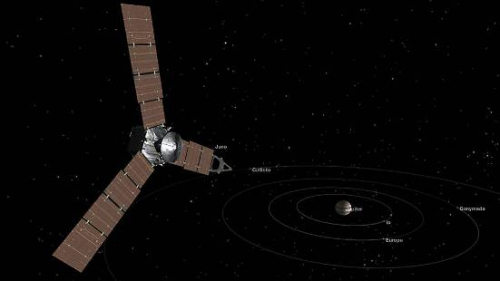 “朱诺”探测器飞向木星及其卫星的概念图。(图片来源:NASA) “朱诺”探测器飞向木星及其卫星的概念图。(图片来源:NASA)