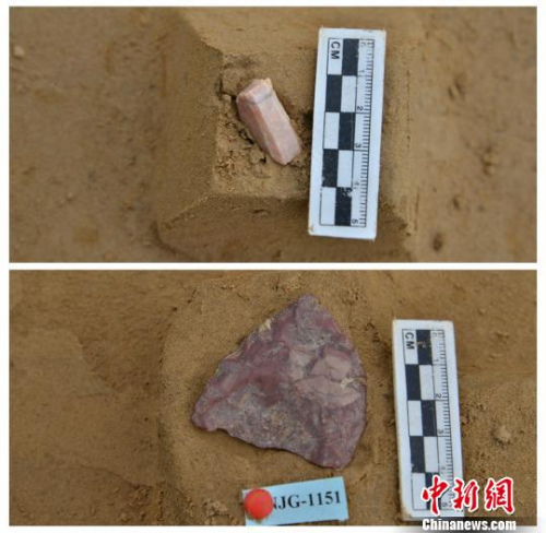 怀来盆地南家沟遗址出土的细石核与尖状器。 牛东伟 摄 怀来盆地南家沟遗址出土的细石核与尖状器。 牛东伟 摄