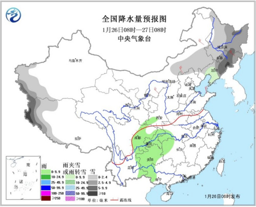 图1 全国降水量预报图(26日08时-27日08时) 图1 全国降水量预报图(26日08时-27日08时)