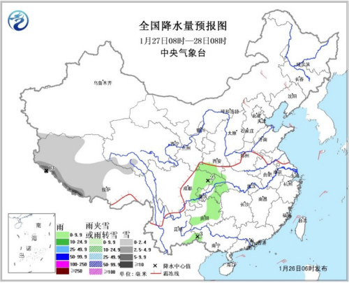 图2 全国降水量预报图(27日08时-28日08时) 图2 全国降水量预报图(27日08时-28日08时)