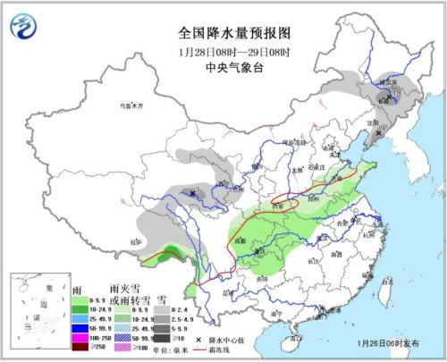 图3 全国降水量预报图(28日08时-29日08时) 图3 全国降水量预报图(28日08时-29日08时)