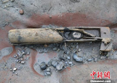 考古发掘现场一根较完整木鞘,里面装有银锭,周围还散落着一些银锭。 钟欣 摄 考古发掘现场一根较完整木鞘,里面装有银锭,周围还散落着一些银锭。 钟欣 摄