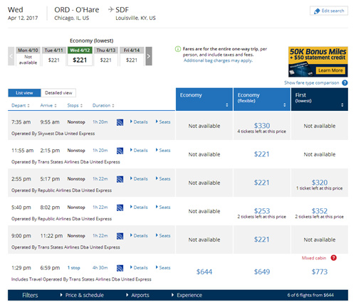 图说:记者在美联航官网搜索奥黑尔国际机场飞往肯塔基州路易斯维尔的航班。 图说:记者在美联航官网搜索奥黑尔国际机场飞往肯塔基州路易斯维尔的航班。