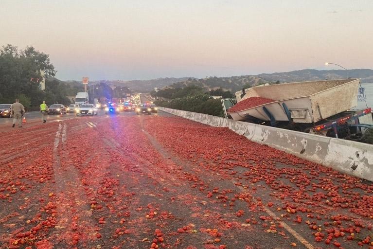 美国一高速路铺满番茄