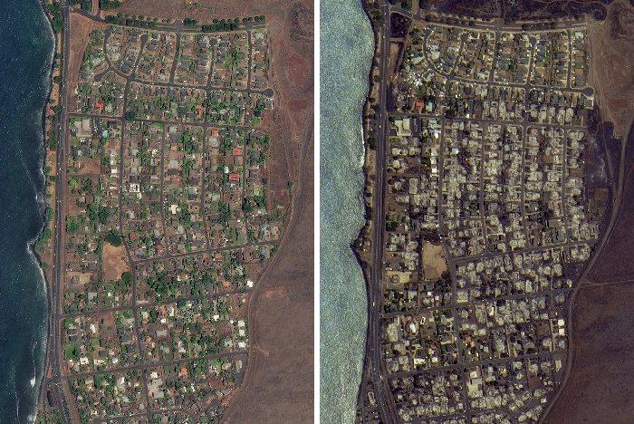夏威夷拉海纳小镇火灾前后卫星对比图