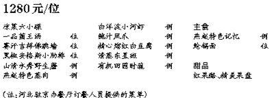 河北驻京办餐厅订餐人员提供的菜单