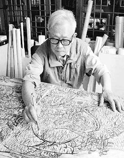 2011年,92岁的周令钊为创作大型壁画《长沙——湘江北去 橘子洲头》作