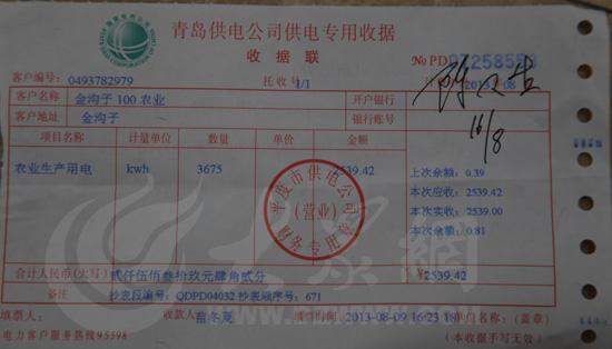 2013年8月,包括陈宝成在内的4个拒拆户所用的水泵产生的电费,达2500