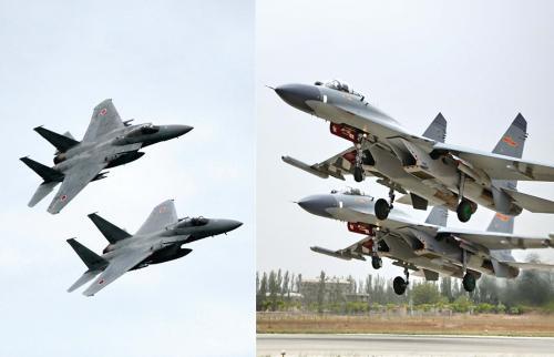 29日,中国空军查证了进入东海防空识别区的美日军机,左图为进入防空识别区的日本F-15战机(资料图),右图为当天起飞的中国歼-11飞机(资料图)。