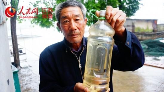 养殖户樊金柱保留了一瓶6月2日采集的水样,他希望能成为调查污染源的线索
