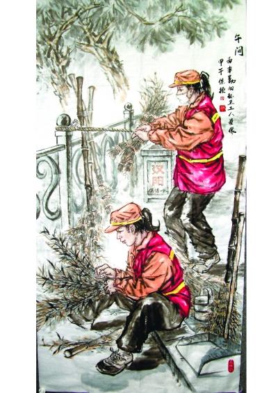 武汉城管职工创作国画描绘环卫女工扎扫帚图