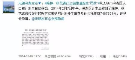 张艺谋缴清罚款 张艺谋缴清罚款