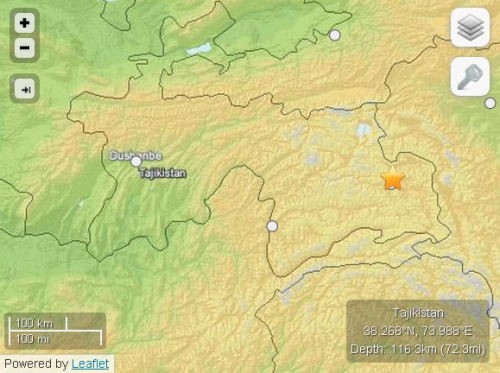 塔吉克斯坦发生5.3级地震震源深度116公里（图）