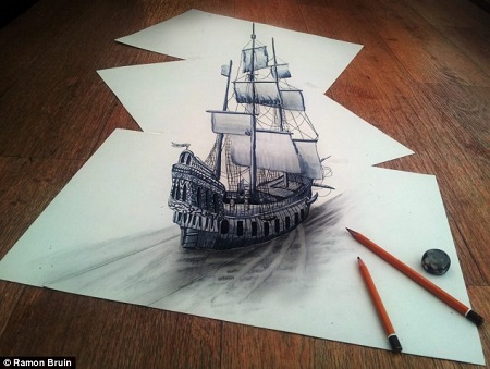 艺术家打造3D素描画面立体“以假乱真”(组图)