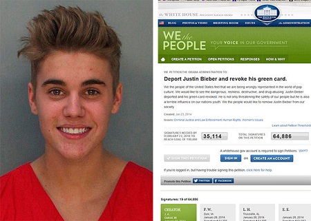 逾10万美国人向白宫请愿要求驱逐贾斯汀•比伯