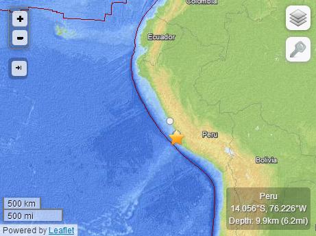 秘鲁南部沿海发生6.2级地震震源深度9.9公里