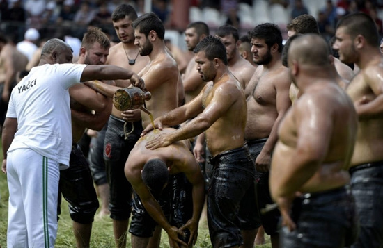 土耳其数千男子集体比摔跤裸上身淋橄榄油(图)