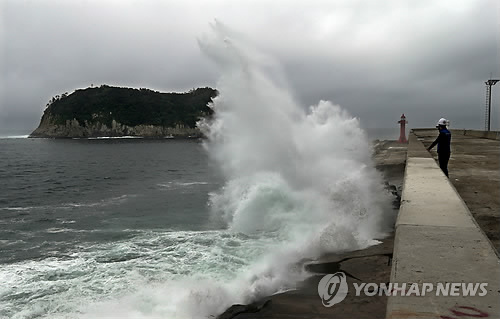 台风“浣熊”袭击韩国南部济州岛发布海浪预警