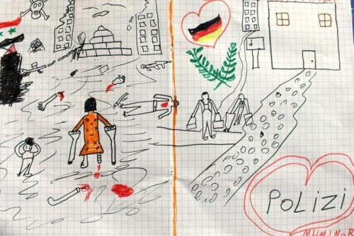 难民儿童涂鸦的战争与和平成强烈对比触人心弦(图)