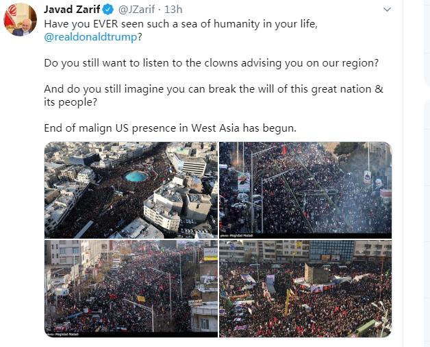 万人送别仪式后伊外长：特朗普，你见过这样人性的海洋吗？