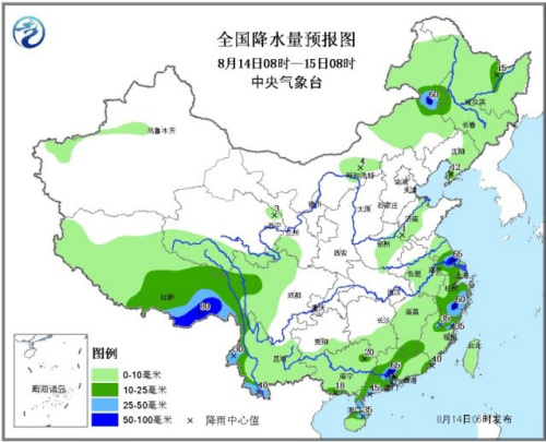 南方地区降雨明显减弱云南鲁甸震区无明显降水