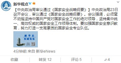 中央政治局审议通过《国家安全战略纲要》