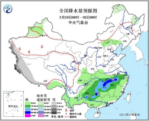 江南等地有较强降水新疆甘肃内蒙古等地有沙尘天气